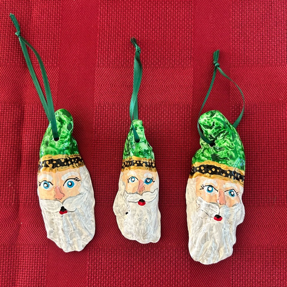 Hand Crafted Green and White Santa Oyster Shell Ornaments